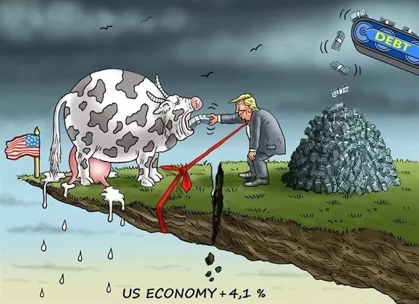 ▲[特朗普用債務來喂“奶牛”]美國總統特朗普用債務來喂奶牛，刺激經濟增長。美國第二季度國内生産總值增速為4.1%，但專家警告，在債務高企和(hé)貿易戰的影響下(xià)，經濟增長難以為繼。（美國卡格爾漫畫網）
